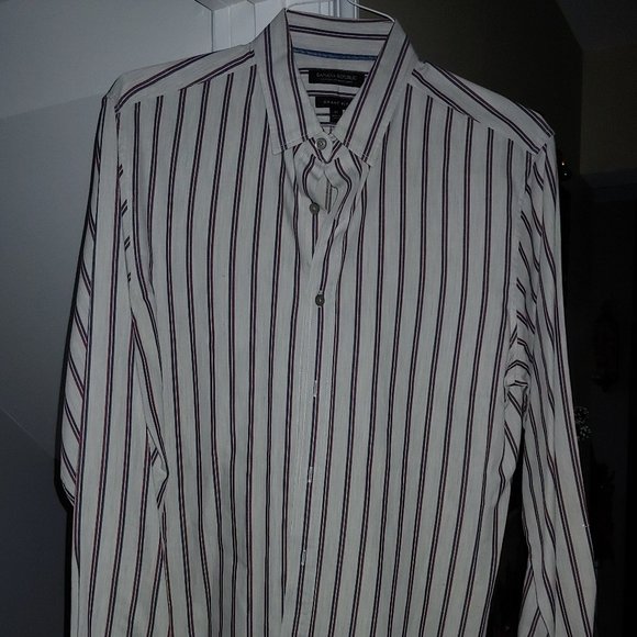 Banana Republic Mens Size Medium Pinstriped Cream Soft Cotton Grant Fit Shirt - Picture 1 of 6